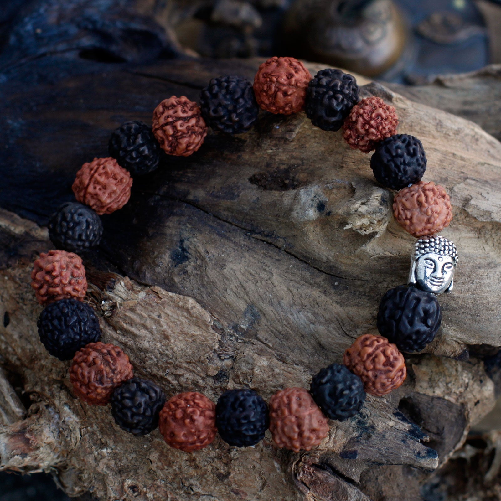 Pulsera de Semillas de Rudraksha Negra y Marrón - Buda