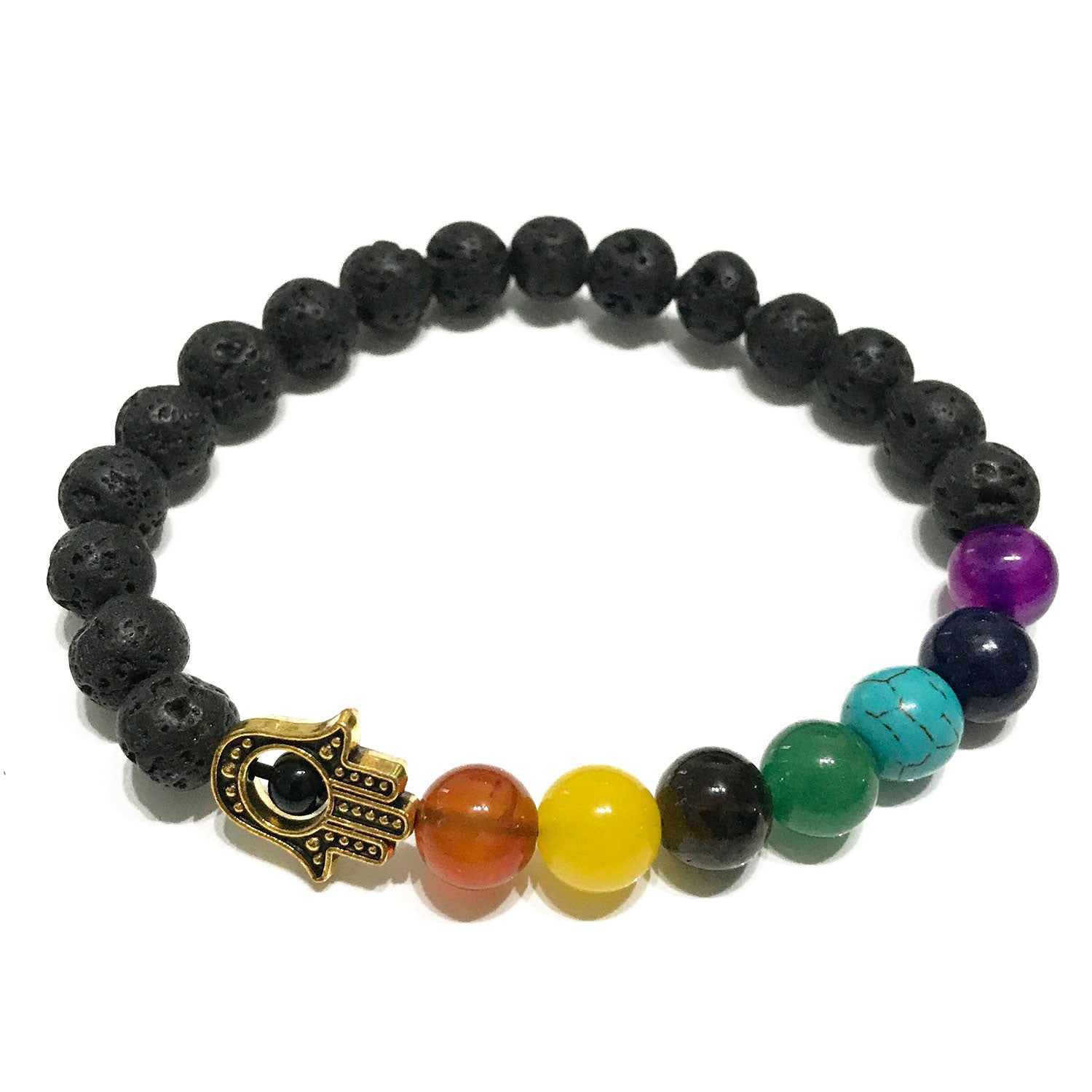 Pulsera de Lava y Chakras - Hamsa Dorada