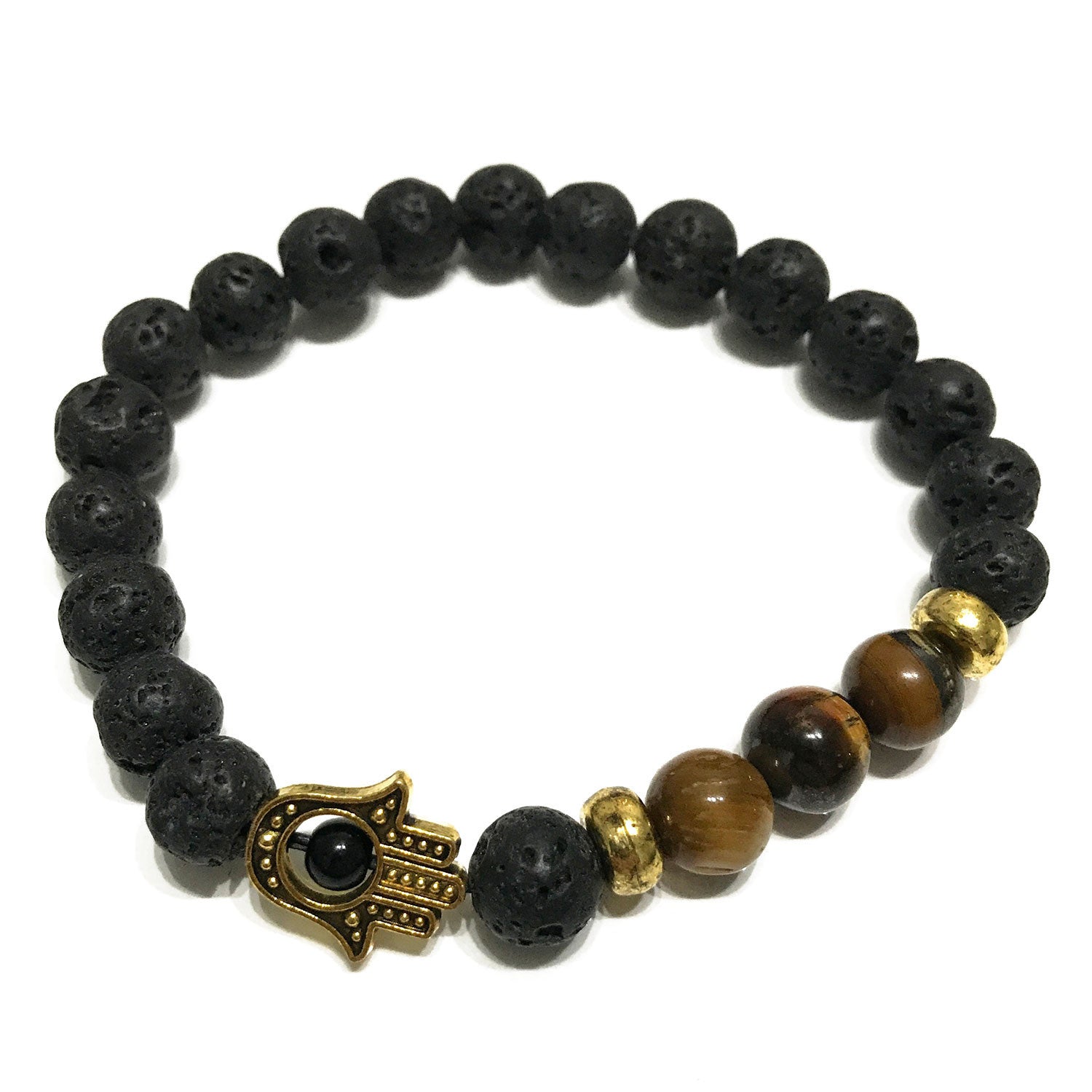 Pulsera de Lava y Ojo de Tigre - Mano de Fátima (Hamsa)